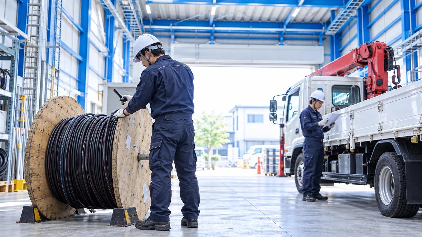 工場内でケーブルドラムの搬入準備を進める電気工事士