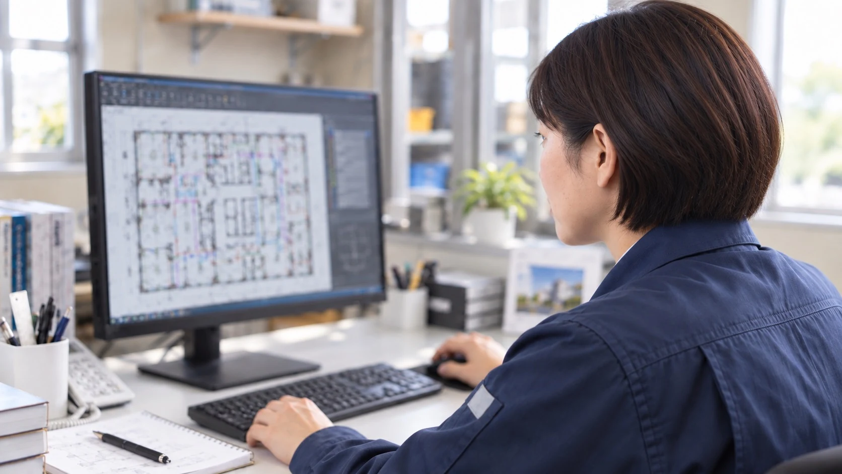 作業場に隣接する事務所でCADの設備図面を操作する社員