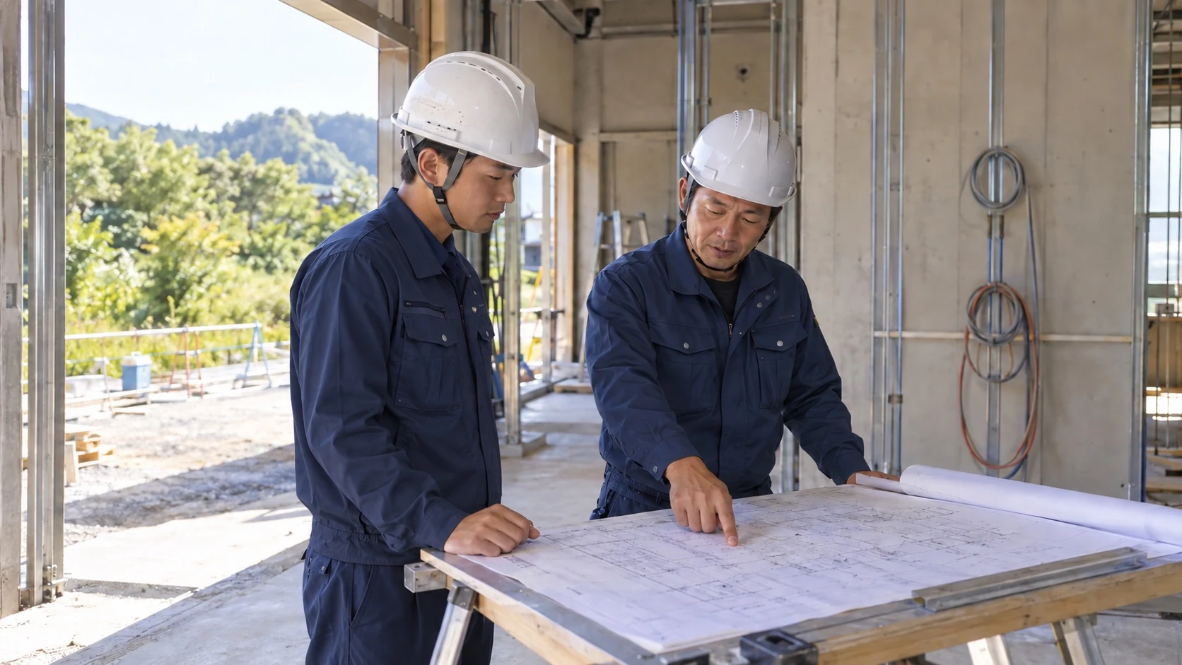 図面を囲んで打ち合わせる社員
