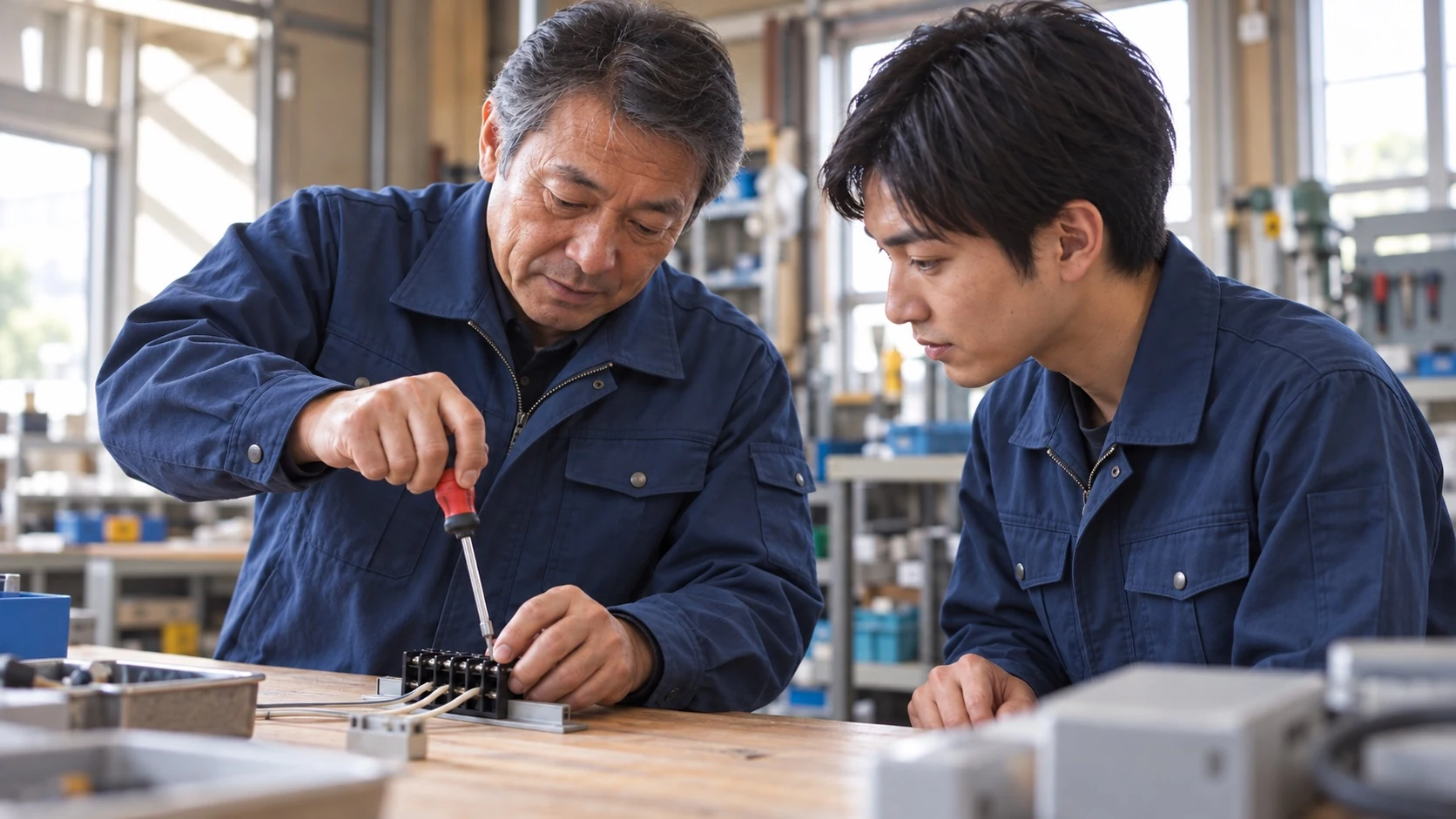 配線の作業を教える先輩と真剣に学ぶ若手社員