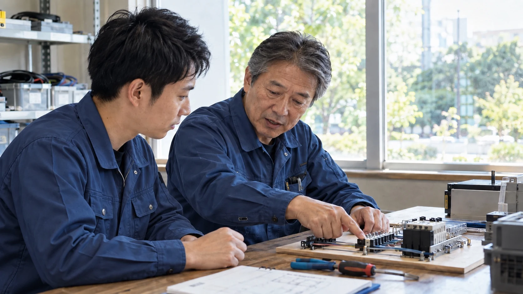 練習用の機器を前に知識を伝える先輩と、学ぶ同僚