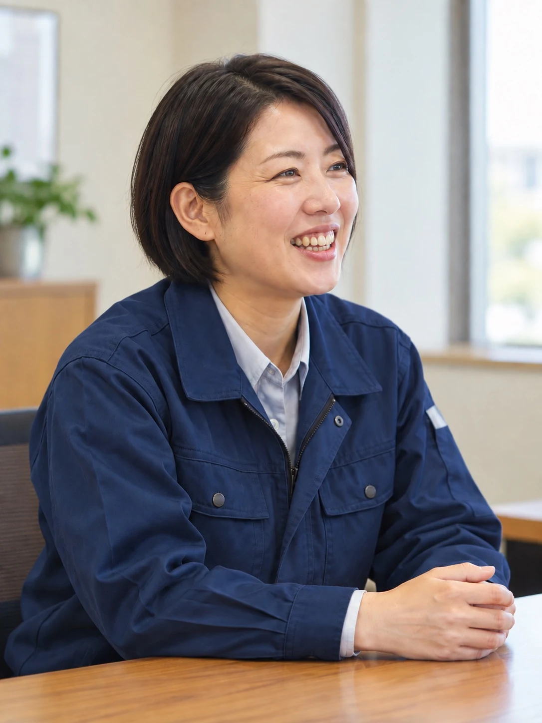 笑顔で仕事について話す女性社員のイメージ